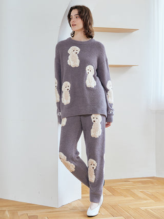 Model wearing Toy Poodle Pullover Sweater by Gelato Pique with jacquard poodle motifs, made of soft plush moco fabric for cozy warmth.