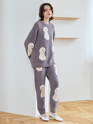 Model wearing Gelato Pique Toy Poodle Pullover Sweater, featuring plush moco fabric and playful jacquard poodle motifs.