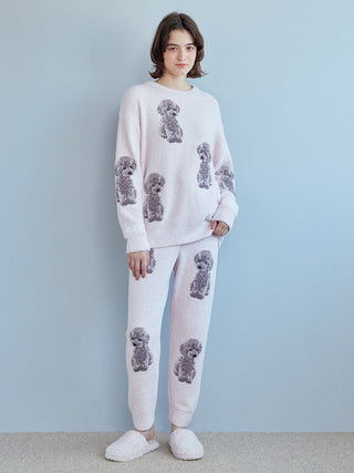 Model wearing Toy Poodle Pullover Sweater by Gelato Pique, featuring plush moco fabric and jacquard poodle motifs for cozy lounging.