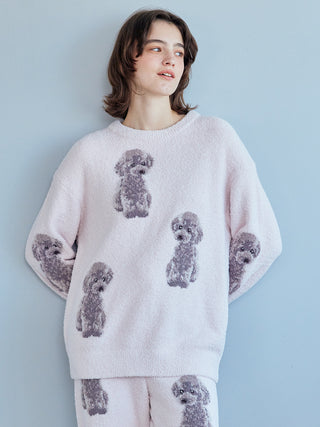 Person wearing a Toy Poodle Pullover Sweater with jacquard poodle motifs, showcasing plush moco fabric by Gelato Pique.