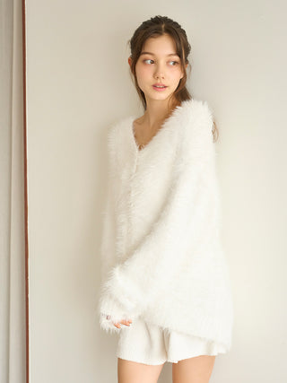 Model wearing Rabbit Moco Fuzzy Cardigan with ultra-soft moco fabric, showcasing its plush texture and cozy design by Gelato Pique.