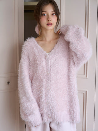 Woman wearing Rabbit Moco Fuzzy Cardigan by Gelato Pique, showcasing ultra-soft and fluffy texture ideal for cozy loungewear.