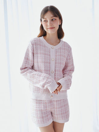 Plaid Button-Up Knit Cardigan in Pink, Comfy and Luxury Women's Loungewear Cardigan at Gelato Pique USA