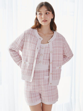 Plaid Button-Up Knit Cardigan in Pink, Comfy and Luxury Women's Loungewear Cardigan at Gelato Pique USA