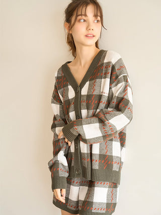 Air Moco Check Sweater Cardigan in Green, Comfy and Luxury Women's Loungewear Cardigan at Gelato Pique USA