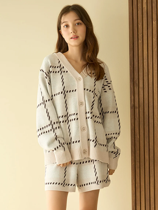 Air Moco Check Sweater Cardigan in Beige, Comfy and Luxury Women's Loungewear Cardigan at Gelato Pique USA