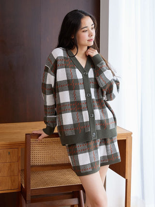 Air Moco Check Sweater Cardigan in Green, Comfy and Luxury Women's Loungewear Cardigan at Gelato Pique USA