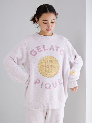 Woman wearing Powder Biscuit Jacquard Pullover Sweater by Gelato Pique, featuring a biscuit jacquard design and cozy plush fabric.