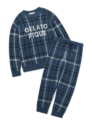 Checkered pajama set in blue by Gelato Pique, featuring a cozy top and pants with bold lettering, ideal for women's loungewear.