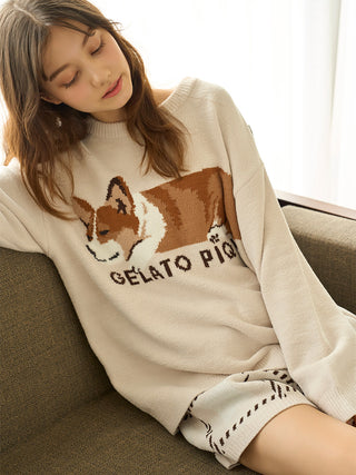 Air Moco SLEEPING DOG Jacquard Pullover & Shorts SET in Beige, Women's Pullover Sweaters at Gelato Pique USA