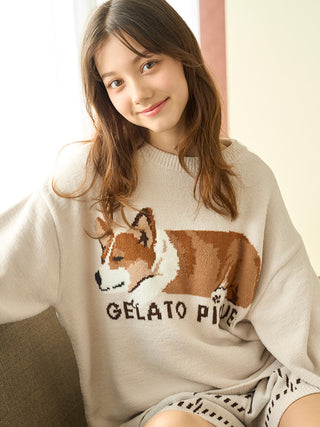 Air Moco SLEEPING DOG Jacquard Pullover & Shorts SET in Beige, Women's Pullover Sweaters at Gelato Pique USA