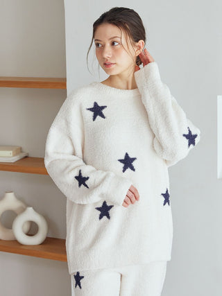 Cozy off-white pullover with navy star jacquard pattern by Gelato Pique USA. Premium loungewear for home lounging and sleepwear.