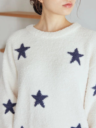 Cozy off-white pullover with navy star jacquard pattern by Gelato Pique USA, perfect premium loungewear and sleepwear for home lounging.