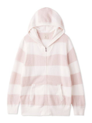 Smoothie 2-Border Zip-Up Hoodie in pink and white stripes, soft and cozy loungewear for women, featuring Gelato Pique's signature fabric.