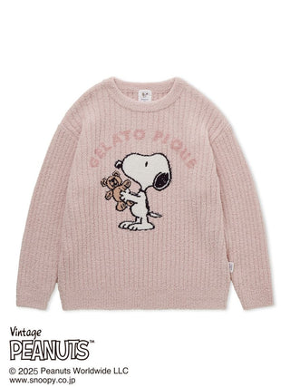 Vintage PEANUTS Snoopy and Bear Pullover Sweater by Gelato Pique, pink with jacquard motif of Snoopy hugging a teddy bear.