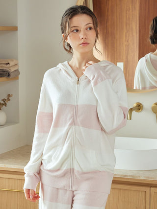 Woman wearing Gelato Pique USA Durable Smoothie Border Comfort Hoodie, premium loungewear for cozy, year-round comfort.