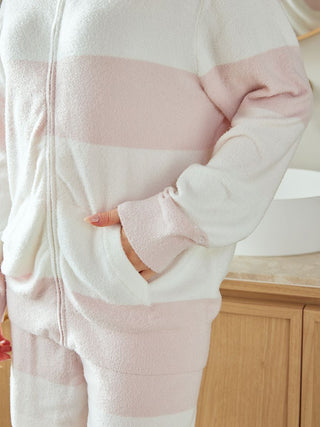 Close-up of Gelato Pique USA's Durable Smoothie Border Comfort Hoodie in pink and white stripes, showcasing premium loungewear style.