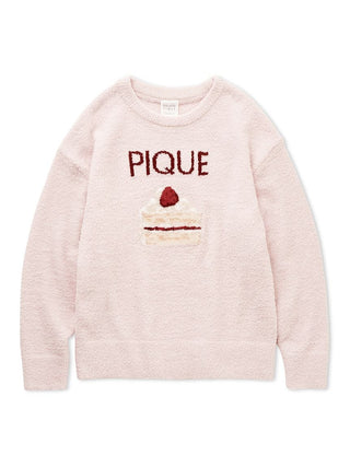 Cake Jacquard Pullover Sweater by Gelato Pique USA with cake motif and 'PIQUE' lettering, pink cozy knit for loungewear.