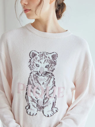 Model wearing pale pink Gelato Pique USA white tiger pullover with PIQUE logo, part of premium loungewear and sleepwear set.