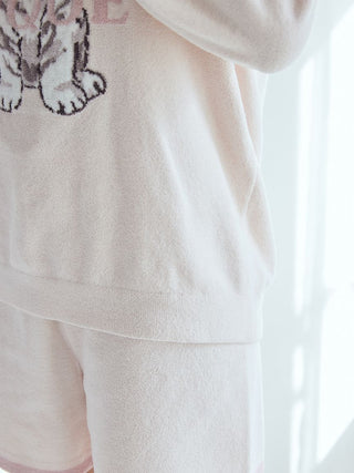 Gelato Pique USA white tiger loungewear set in pale color, featuring soft knit pullover and shorts with PIQUE logo, premium sleepwear.