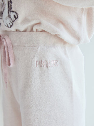 Gelato Pique USA pale pink Premium Loungewear set featuring white tiger design with PIQUE logo on shorts, soft knit texture.