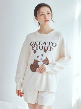 Woman wearing off-white Gelato Pique Panda Jacquard Pullover Sweater, made of airy moco fabric, perfect for premium loungewear and sleepwear.