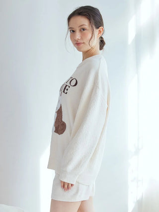 Model wearing off-white Panda Jacquard Pullover Sweater by Gelato Pique USA, featuring a panda design. Premium loungewear and sleepwear.