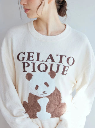 Off-white panda jacquard pullover sweater by Gelato Pique USA, featuring sitting panda design, premium loungewear and sleepwear.