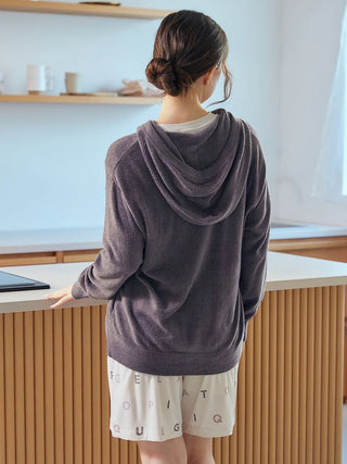 Woman wearing Smoothie Lite Hoodie Jacket by Gelato Pique USA, showcasing premium loungewear and sleepwear with smooth texture.