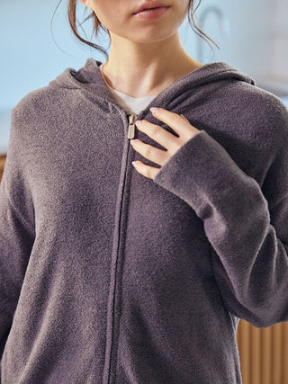 Model wearing Gelato Pique USA Smoothie Lite Hoodie Jacket, premium loungewear for spring and summer with smooth texture.