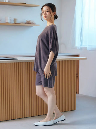 Model wearing Smoothie Lite pullover top by Gelato Pique USA, showcasing premium loungewear and sleepwear for spring and summer.
