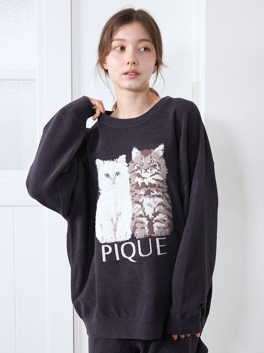 Airy Moco Twin Cats Jacquard Pullover