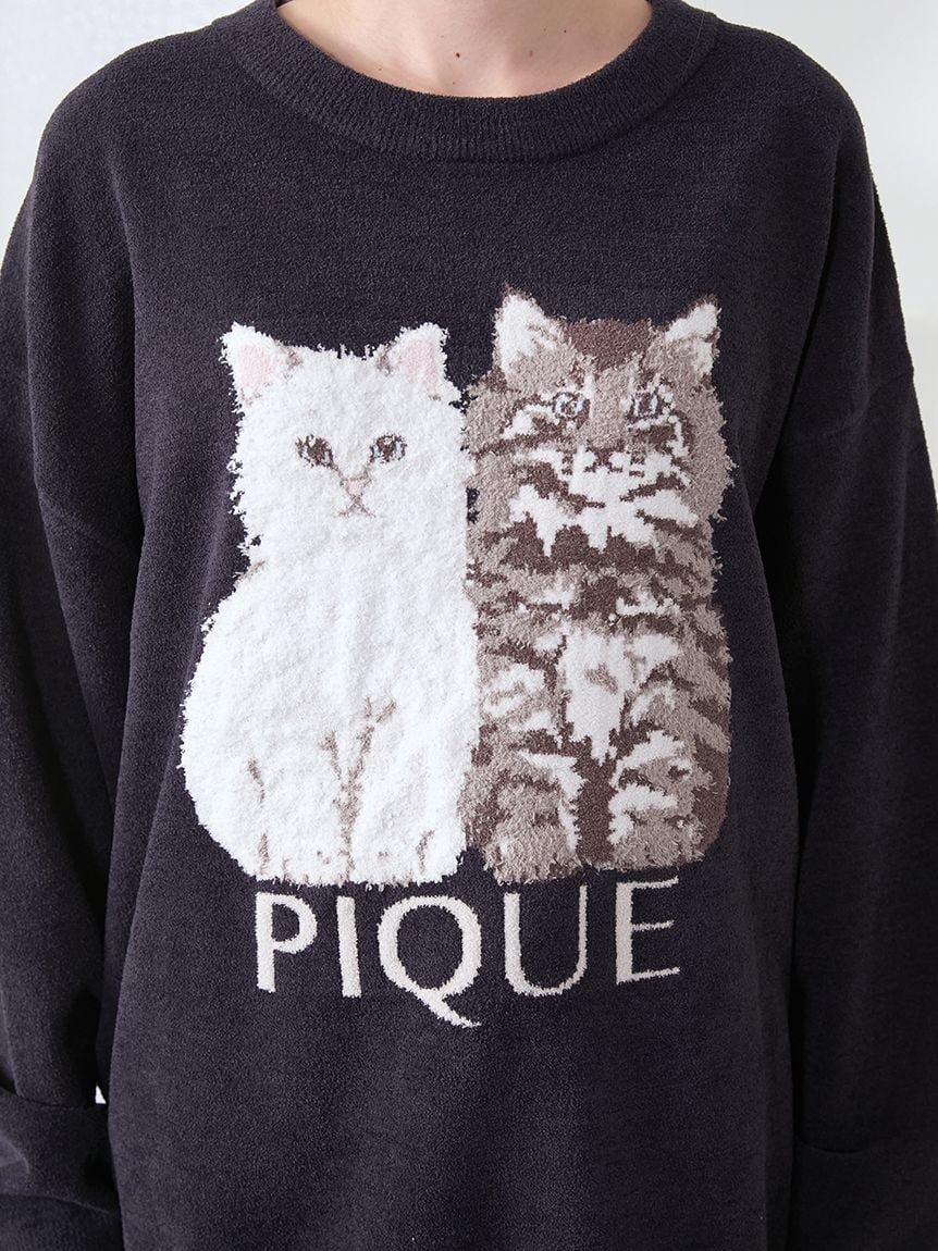 Airy Moco Twin Cats Jacquard Pullover