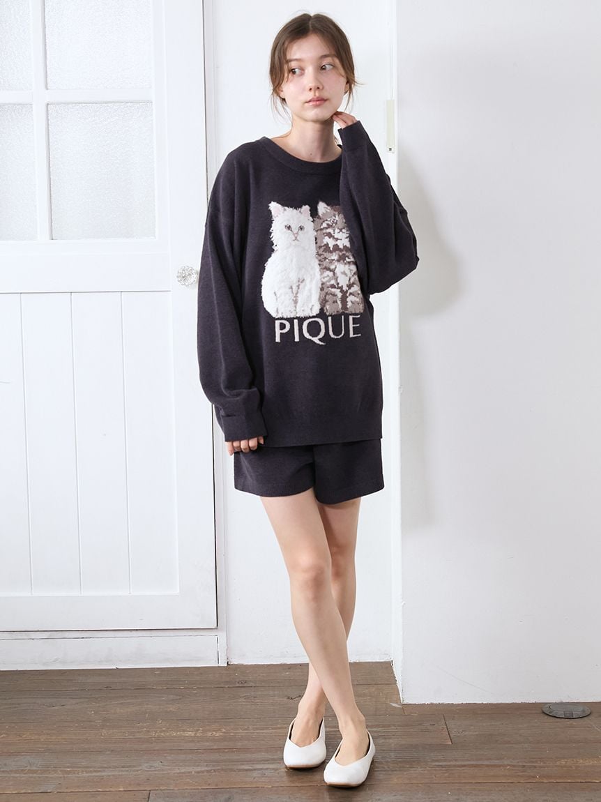 Airy Moco Twin Cats Jacquard Pullover