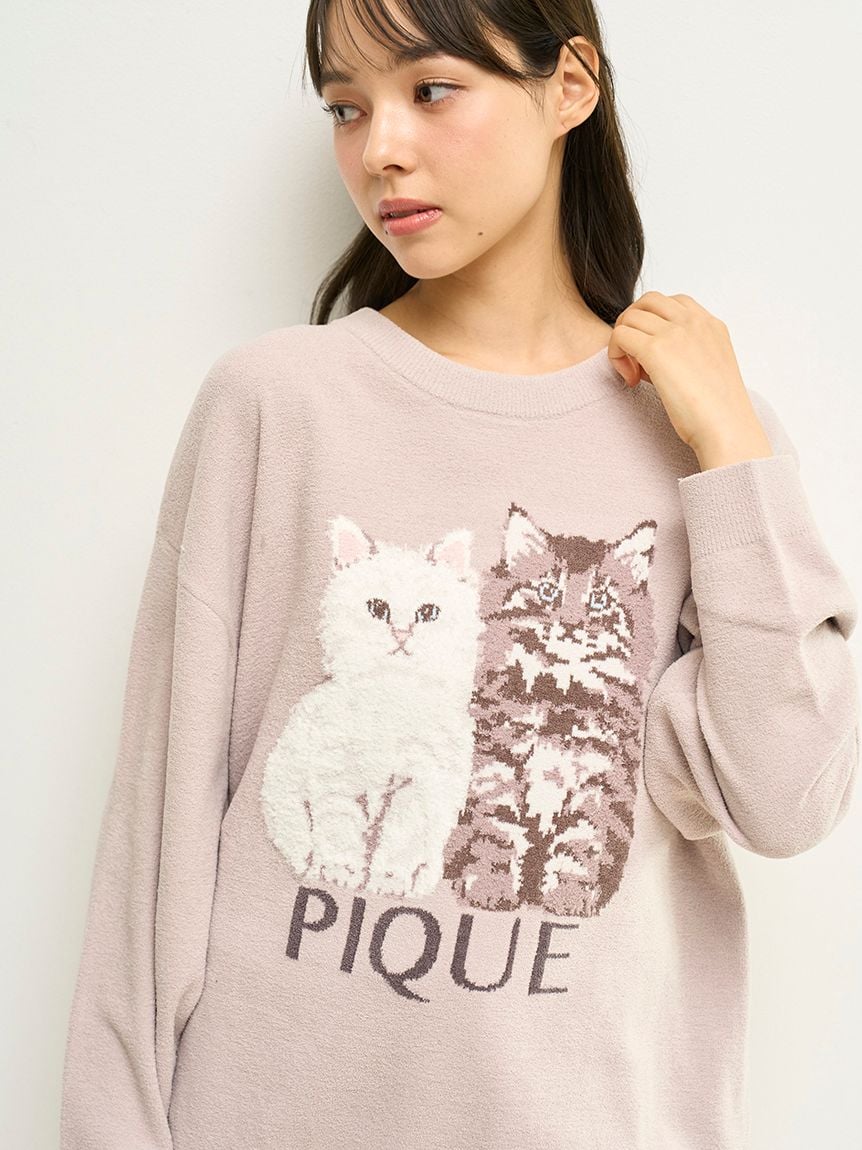 Airy Moco Twin Cats Jacquard Pullover