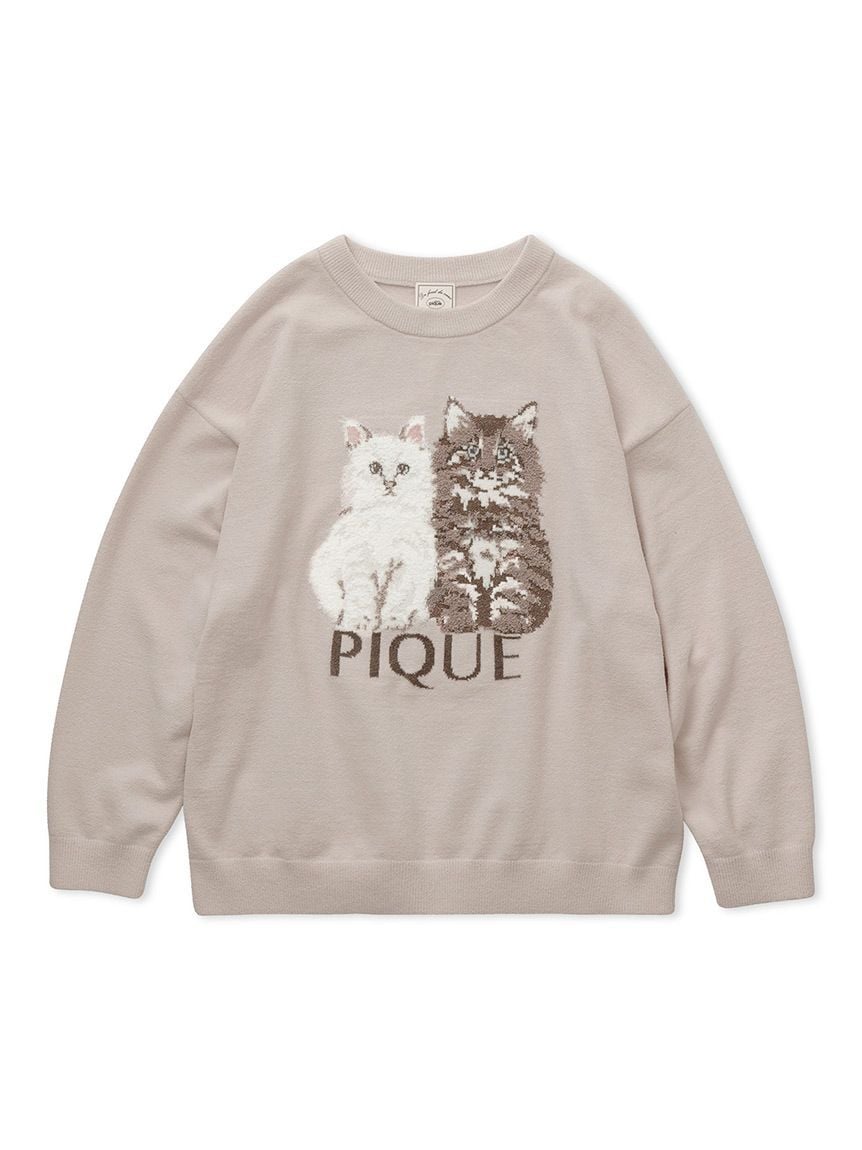 Airy Moco Twin Cats Jacquard Pullover