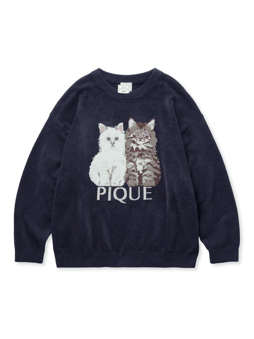 Airy Moco Twin Cats Jacquard Pullover