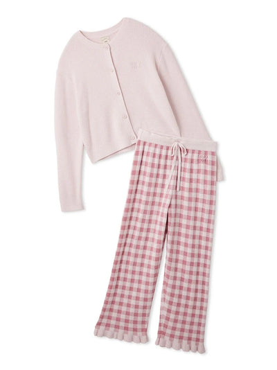 Ribbed Cardigan & Gingham Long Pants Set gelato pique