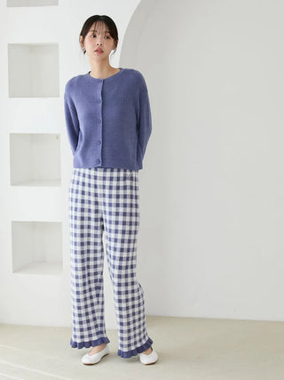 Ribbed Cardigan & Gingham Long Pants Set