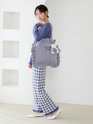 Ribbed Cardigan & Gingham Long Pants Set