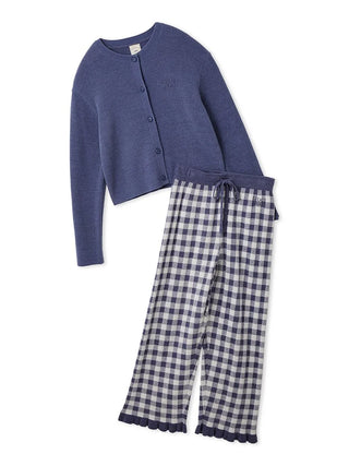Ribbed Cardigan & Gingham Long Pants Set