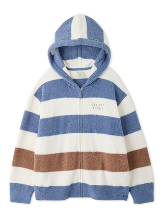 Gelato Pique Baby Moco Striped Cozy Hoodie in blue, front view