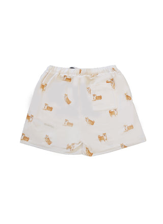 White Shiba Motif Lounge Shorts by Gelato Pique USA, featuring Shiba Inu print. Premium loungewear and sleepwear with elastic waistband.