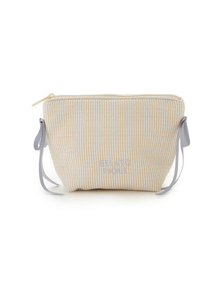 Beige Striped Ribbon Pouch by Gelato Pique USA, a chic premium loungewear and sleepwear accessory, perfect for storing cosmetics.