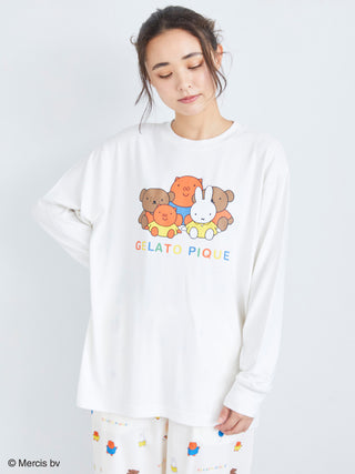 Unisex long-sleeve shirt featuring Miffy and friends, collaboration with Dick Bruna and Gelato Pique, worn by a model.