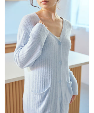 Light blue Thermal Smoothie Long Cardigan by Gelato Pique USA, premium loungewear and sleepwear with ribbed texture and button-down front.