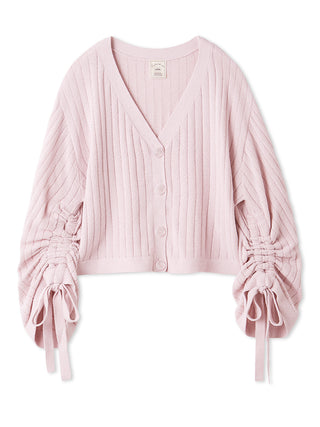 Soft pink 2025 ribbed cardigan with button front and ruched sleeves, perfect for elegant layering.