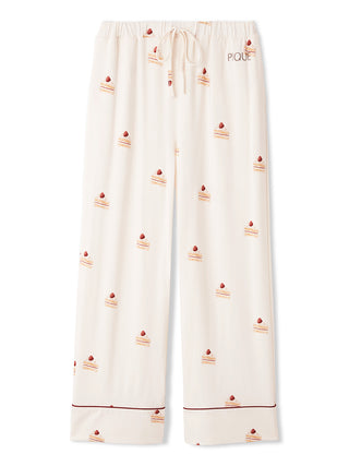 Strawberry shortcake-print long pajama pants made from soft, silky rayon fabric with cute piping details for cozy comfort.