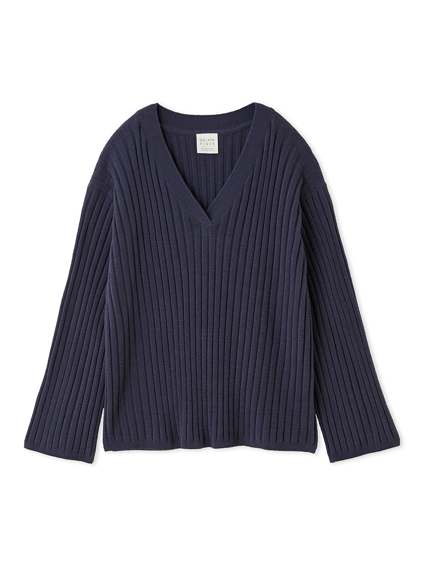 Airy Moco Ribbed V-neck Pullover