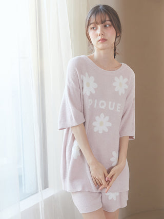 Woman wearing pastel Smoothie Daisy Pullover & Shorts Loungewear Set by Gelato Pique USA, featuring daisy patterns and premium sleepwear style.